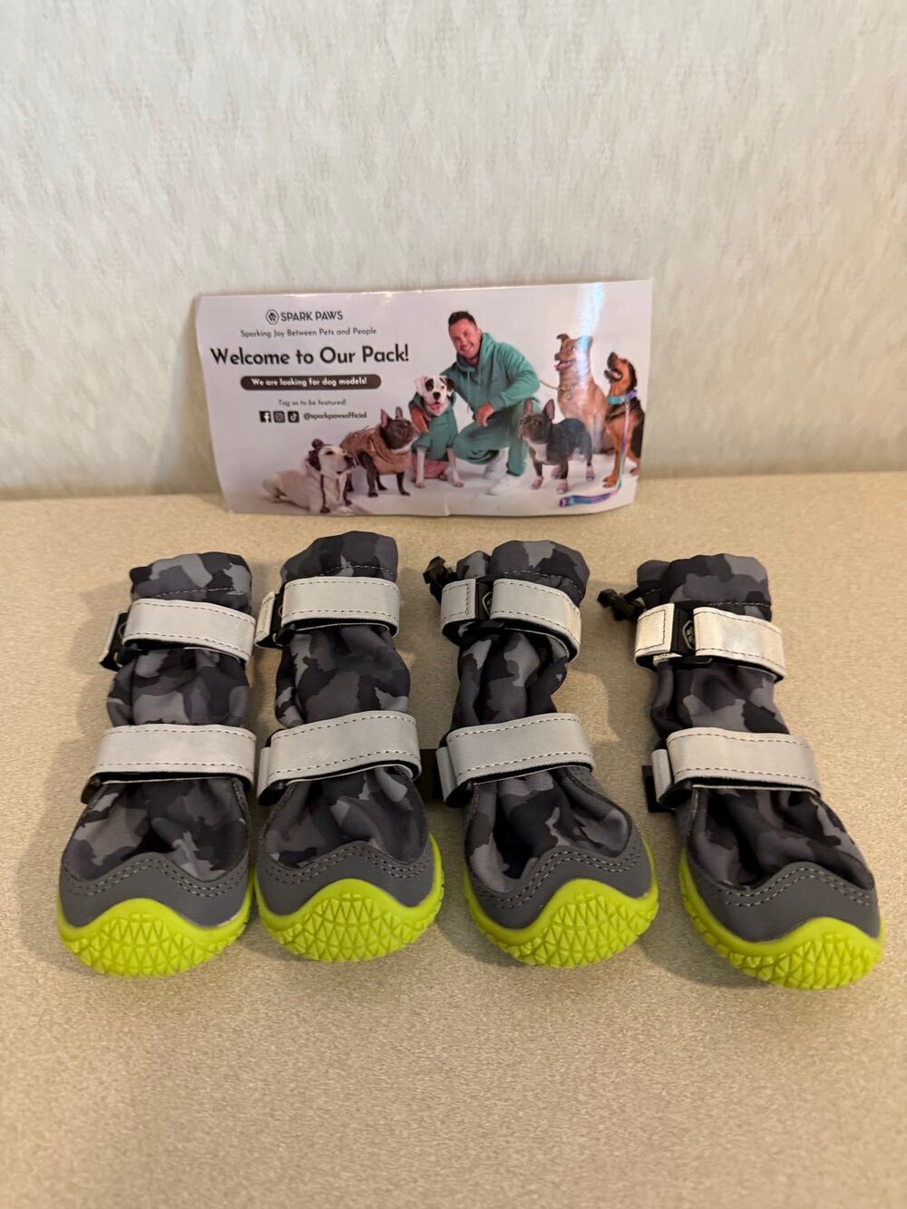 Spark Paws Dog Boots 4 Pack Size 1 Grey Camo Waterproof Non Slip Reflective
